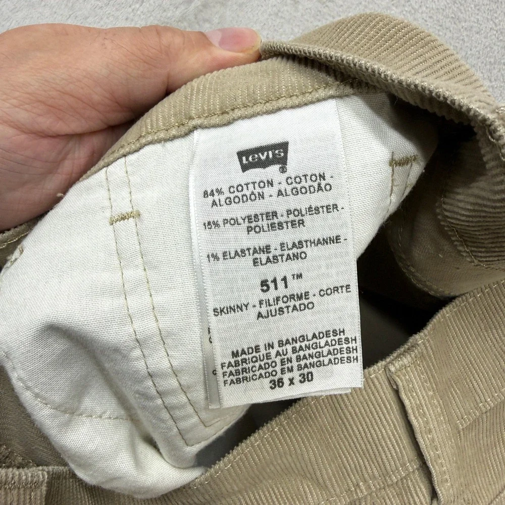 Levi's 511 Pants Mens 36x30 Tan Khaki Corduroy Skinny Casual Streetwear Trousers